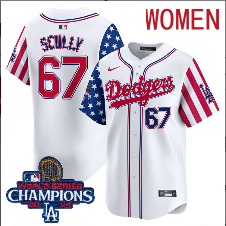 Women MLB Los Angeles Dodgers #67 Scully American Style white 2024 World Series Champions  Limited Jersey